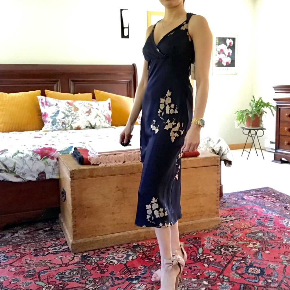 TRACY REESE navy blue silk slip midi dress